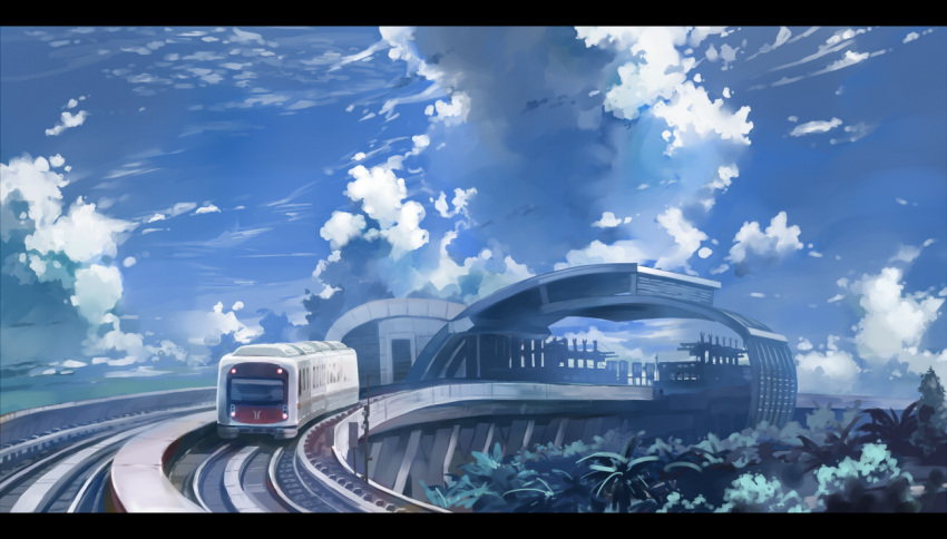 blue_sky chinese_commentary cloud clouds commentary day ground_vehicle huanxiang_huifeng letterboxed no_humans original outdoors railroad_tracks revision scenery sky train train_station