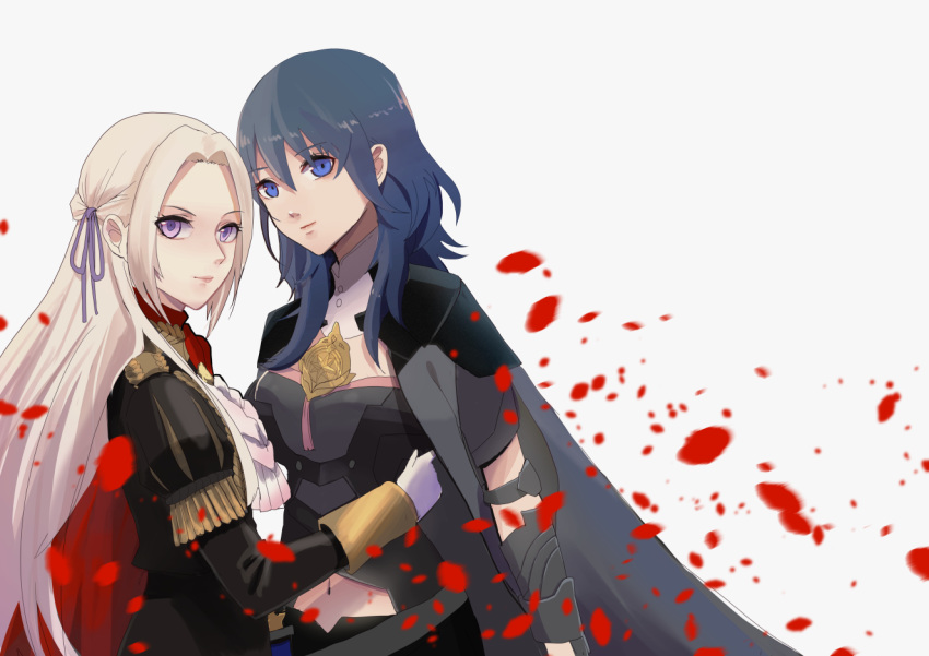 2girls bangs black_jacket blue_eyes blue_hair byleth_(fire_emblem) byleth_(fire_emblem)_(female) cape closed_mouth edelgard_von_hresvelg fire_emblem fire_emblem:_three_houses garreg_mach_monastery_uniform gloves grey_background grey_cape grey_hair hair_between_eyes hair_intakes hair_ornament hair_ribbon jacket long_hair long_sleeves looking_at_viewer midriff multiple_girls navel pantyhose petals purple_ribbon red_cape ribbon shiny shiny_hair simple_background stomach straight_hair uniform upper_body violet_eyes white_gloves white_hair yukiyanagi_raki yuri