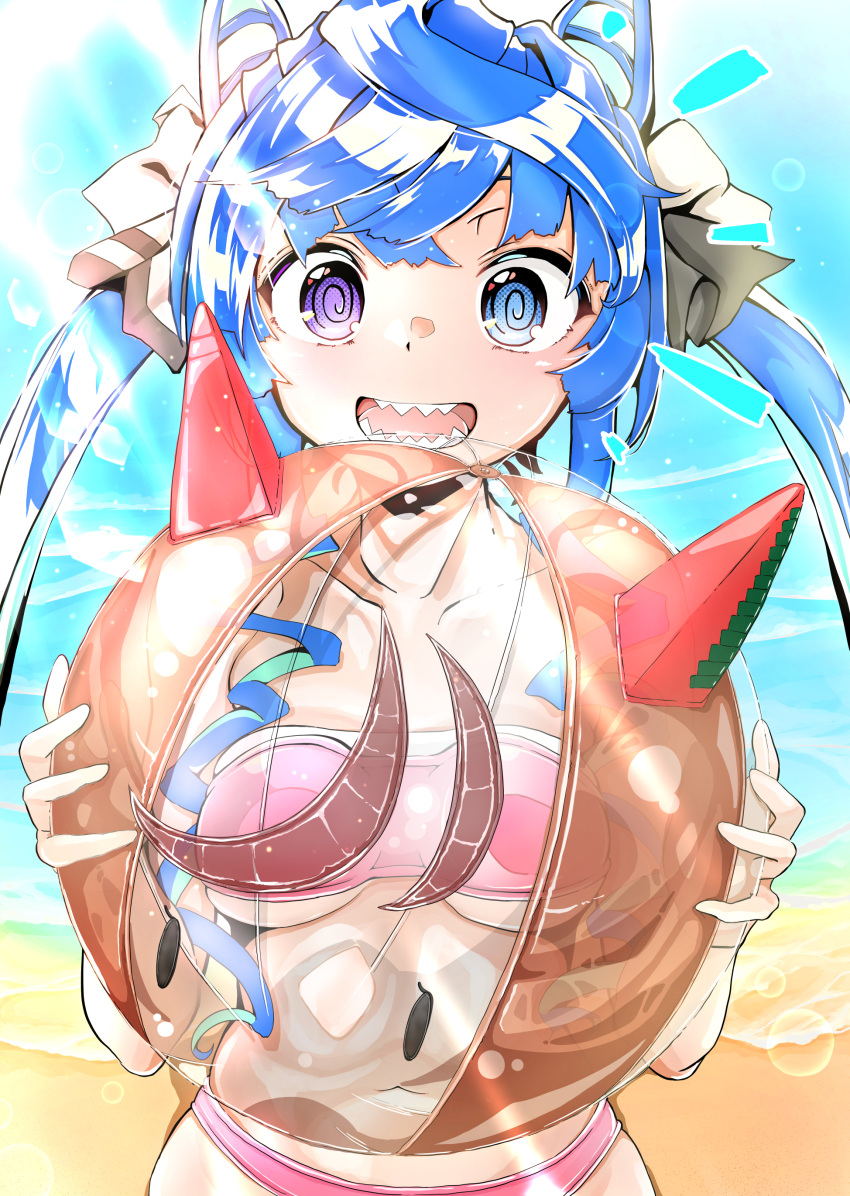 1girl :d @_@ absurdres animal_ears aqua_hair ball bangs beach beachball bikini blue_eyes blue_hair breasts day hair_ribbon heterochromia highres holding holding_ball horse_ears horse_girl hotelmarimo long_hair looking_at_viewer multicolored_hair notice_lines ocean open_mouth outdoors pink_bikini ribbon safe sharp_teeth smile solo standing strapless strapless_bikini sunlight swimsuit teeth twin_turbo_(umamusume) twintails two-tone_hair umamusume violet_eyes white_ribbon