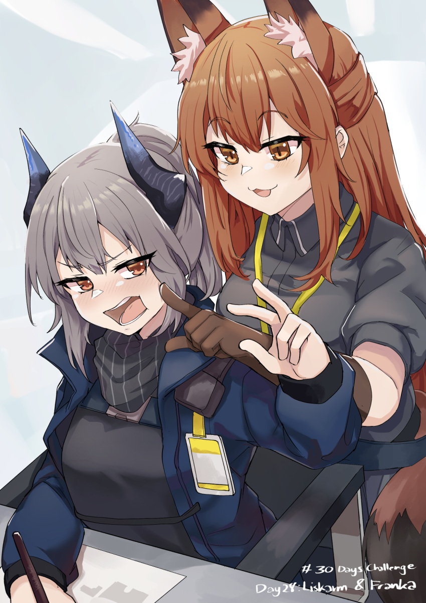 2girls :d animal_ear_fluff animal_ears arknights bangs black_shirt blue_jacket blush brown_eyes brown_gloves brown_hair chair character_name cheek_poking collared_shirt commentary_request dress_shirt elbow_gloves eyebrows_visible_through_hair franka_(arknights) gloves grey_hair hair_between_eyes highres horns id_card jacket liskarm_(arknights) long_hair long_sleeves multiple_girls on_chair open_clothes open_jacket open_mouth poking ponytail puffy_short_sleeves puffy_sleeves safe shirt short_sleeves sleepyowl_(jobkung15) smile tail v-shaped_eyebrows very_long_hair