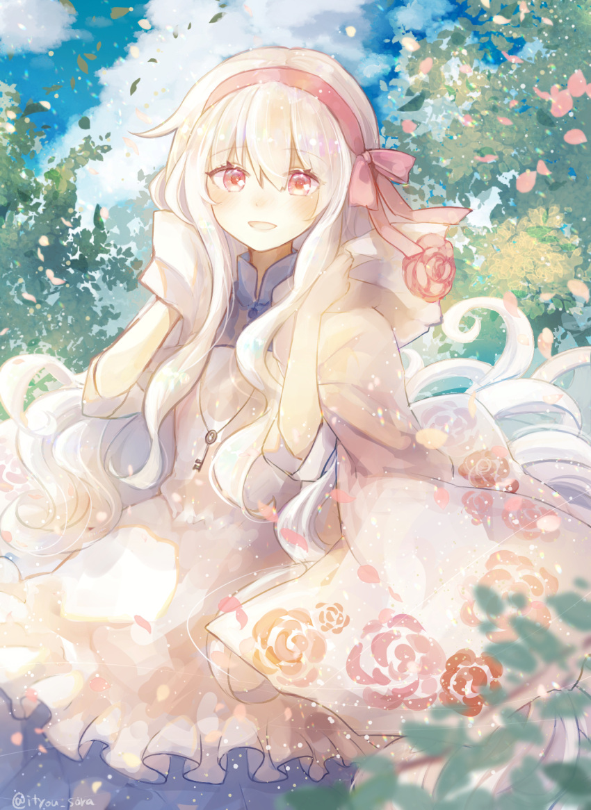 1girl akikaze_(pokekinokokikaku) apron bangs blue_dress blue_sky cape clouds corrin_(fire_emblem) corrin_(fire_emblem)_(female) dress floral_print flower foliage frilled_apron frills hair_between_eyes hair_ribbon hairband hand_in_own_hair highres jewelry kagerou_project key kozakura_marry leaf light long_hair looking_at_viewer mekakucity_actors nature necklace open_mouth pink_eyes pink_flower pink_ribbon pink_rose red_eyes ribbon rose safe shawl sky skylight sleeves_past_elbows smile solo sunlight teeth white_apron white_cape white_hair white_shawl