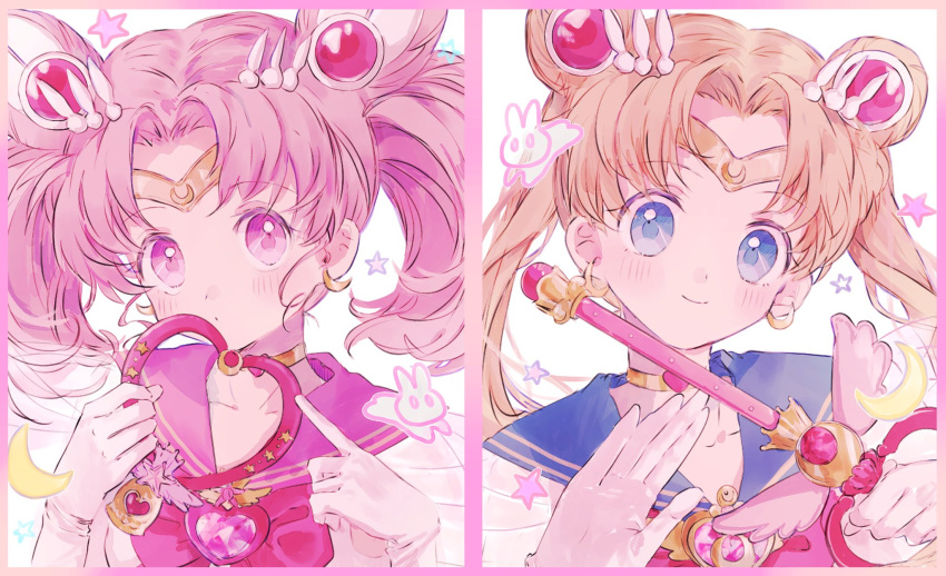 2girls bangs bishoujo_senshi_sailor_moon blonde_hair blue_eyes blue_sailor_collar blush bow brooch chibi_usa choker crescent crescent_earrings double_bun earrings elbow_gloves gem gloves hair_bun hair_ornament hairpin hano_luno heart heart_choker highres holding holding_wand jewelry long_hair looking_at_viewer magical_girl mother_and_daughter multiple_girls parted_bangs pink_bow pink_eyes pink_hair pink_sailor_collar rabbit safe sailor_chibi_moon sailor_collar sailor_moon sailor_senshi_uniform smile star_(symbol) tiara tsukino_usagi twintails upper_body wand white_background white_gloves