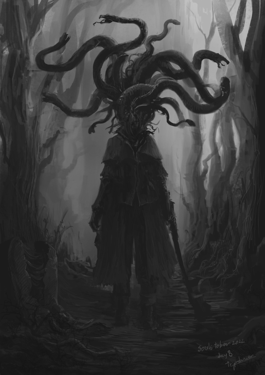 1other ambiguous_gender arms_at_sides bloodborne boots creature facing_viewer gloves highres holding holding_weapon jacket long_sleeves safe snake tombstone torn_jacket tree tripdancer weapon