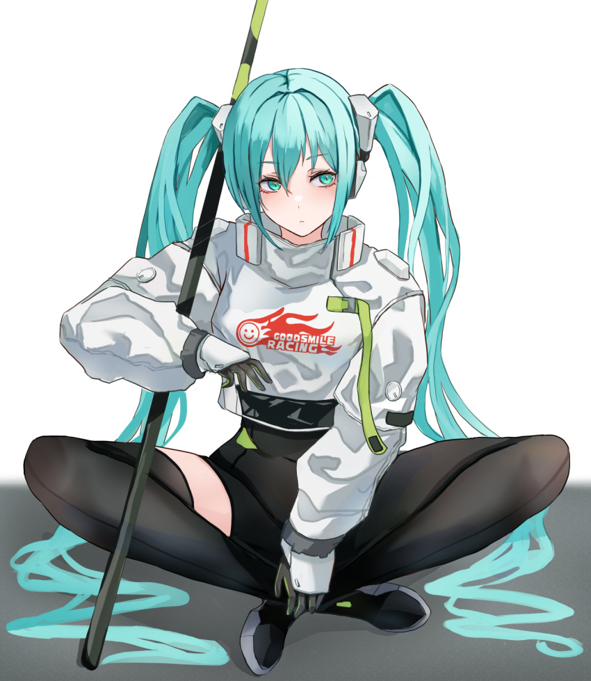 1girl aqua_eyes aqua_hair black_bodysuit black_footwear black_gloves bodysuit closed_mouth commentary facing_viewer gloves hatsune_miku highres indian_style jacket long_hair looking_at_viewer racing_miku racing_miku_(2022) safe shoes single_thighhigh sitting solo squatting thigh-highs thighhighs twintails very_long_hair vocaloid white_background white_jacket zundakun0123