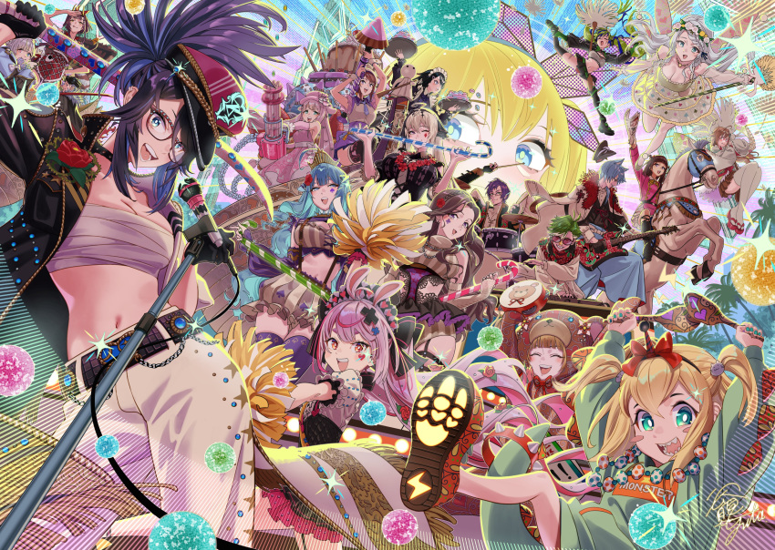 6+girls absurdres amano_pikamee black_hair black_hairband blonde_hair character_request coat delinquent drill_locks dullahan fiery_hair glowing_horns green_hoodie hairband hat highres holding hood hoodie horns kson long_hair multiple_boys multiple_girls navel pants prism_project puffy_pants rikudou_yura safe sandal_master sarashi sharp_teeth smile souchou symbol-shaped_pupils teeth virtual_youtuber voms vshojo weapon white_pants x-shaped_pupils x_x