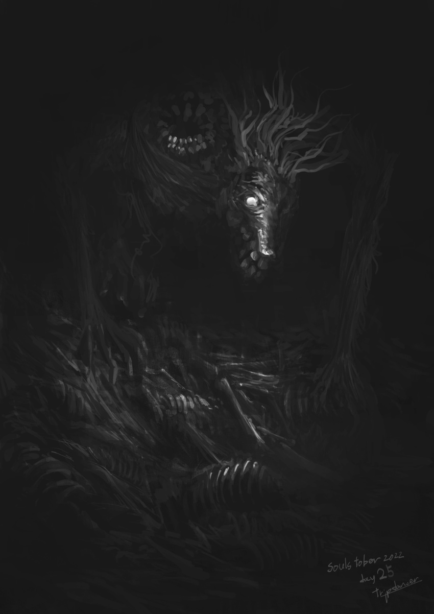 bloodborne glowing glowing_eye highres long_hair looking_at_viewer ludwig_the_accursed monochrome monster no_humans safe skull solo teeth tripdancer
