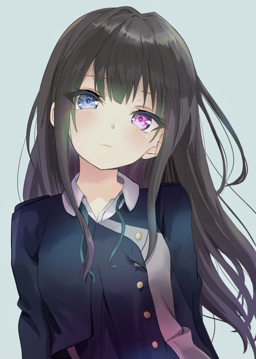 1girl alternate_eye_color bangs belt black_hair blue_belt blue_dress blue_eyes blush collared_shirt dress gradient gradient_background green_ribbon grey_dress head_tilt heterochromia highres inoue_takina long_hair loose_neck_ribbon lycoris_recoil lycoris_uniform neck_ribbon nekonosuke pink_eyes pleated_dress ribbon safe shirt solo two-tone_dress violet_eyes white_background