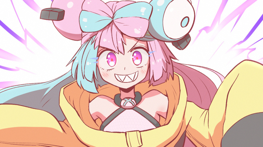 1girl aqua_hair bare_shoulders bow-shaped_hair breasts character_hair_ornament eyelashes hair_ornament happy iono_(pokemon) kurachi_mizuki long_hair looking_at_viewer multicolored_hair one_eye_closed oversized_clothes pink_eyes pink_hair pokemon pokemon_(game) pokemon_sv sharp_teeth sleeves_past_fingers sleeves_past_wrists smile solo teeth twintails two-tone_hair violet_eyes