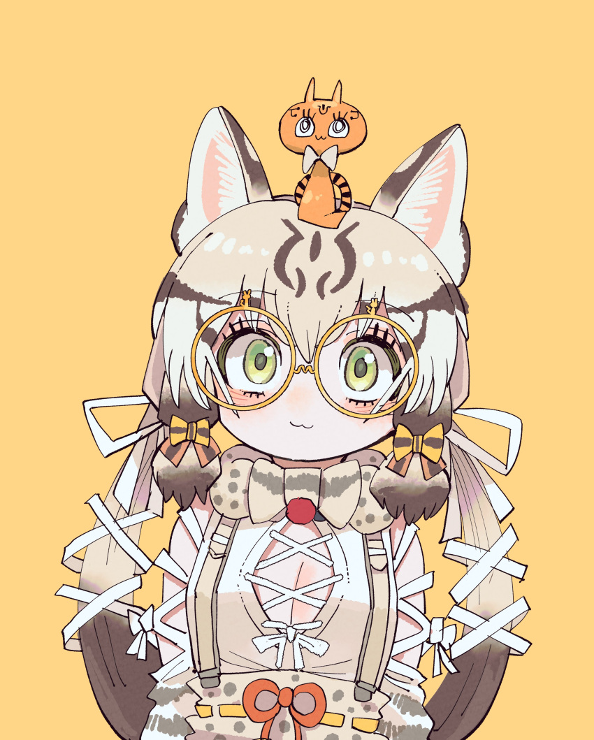 1girl absurdres animal_costume animal_ear_fluff animal_ears blush bow bowtie cat_ears cat_girl closed_mouth extra_ears eyebrows_visible_through_hair geoffroy's_cat_(kemono_friends) glasses green_eyes highres kanmoku-san kemono_friends kemono_friends_v_project long_hair looking_at_viewer microphone multicolored_hair ribbon safe shirt simple_background skirt solo suspenders twintails virtual_youtuber