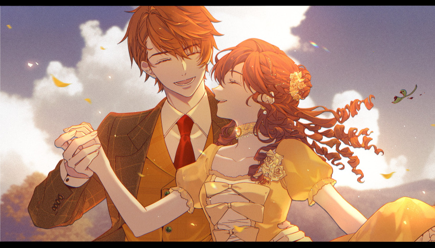 1boy 1girl :d absurdres blue_sky bow brown_hair brown_vest closed_eyes clouds cloudy_sky collared_shirt dress earrings flower formal green_jacket hair_bow highres holding_hands jacket jewelry jiukuzi18797 leaf letterboxed long_hair long_sleeves luke_pearce_(tears_of_themis) necktie open_mouth outdoors petals red_necktie rosa_(tears_of_themis) shirt short_sleeves sky smile tears_of_themis vest white_shirt yellow_dress yellow_flower