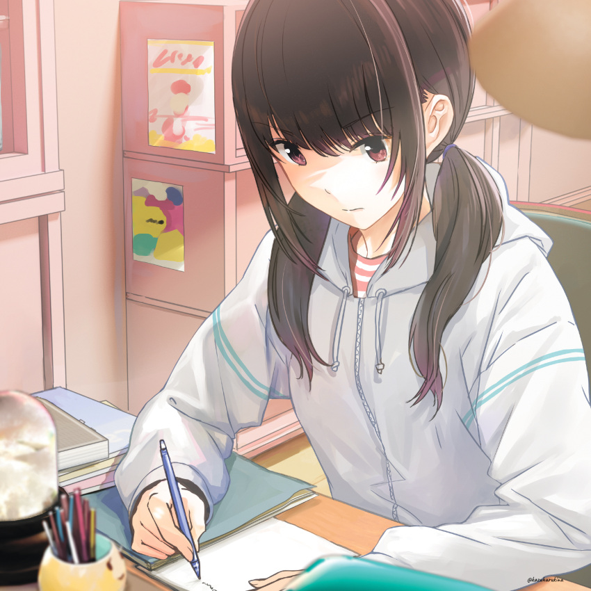 1girl black_hair book commentary_request from_side grey_hoodie grey_sweater highres holding holding_pen hood hood_down hoodie indoors kazuharu_kina long_hair low_twintails medium_hair notebook original pen sitting solo sweater twintails upper_body