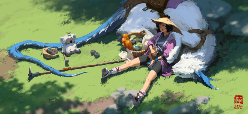 1girl basket black_hair book closed_eyes commentary_request creature day fantasy food fruit grass hat highres hoe holding holding_book holding_food holding_fruit kan_liu_(666k) on_grass open_mouth original outdoors short_hair shorts sitting sleeping straw_hat tail vegetable white_fur