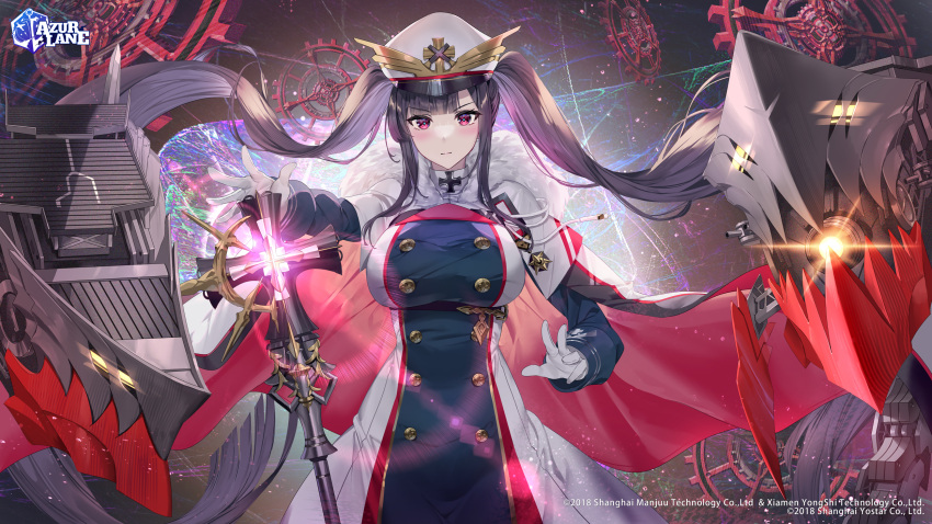 1girl azur_lane bangs black_hair blue_dress blunt_bangs blush breasts buttons cape closed_mouth commentary copyright_name cowboy_shot cross double-breasted dress english_commentary floating_hair foreshortening gears gloves glowing glowing_weapon hat highres holding holding_scepter impossible_clothes iron_cross large_breasts light_smile logo long_hair looking_at_viewer military_hat official_art outstretched_hand peaked_cap peter_strasser_(azur_lane) red_eyes rigging safe scepter second-party_source sidelocks solo twintails two-tone_dress v-shaped_eyebrows very_long_hair watermark weapon white_cape white_dress white_gloves white_headwear yoshimoto_(dear_life)