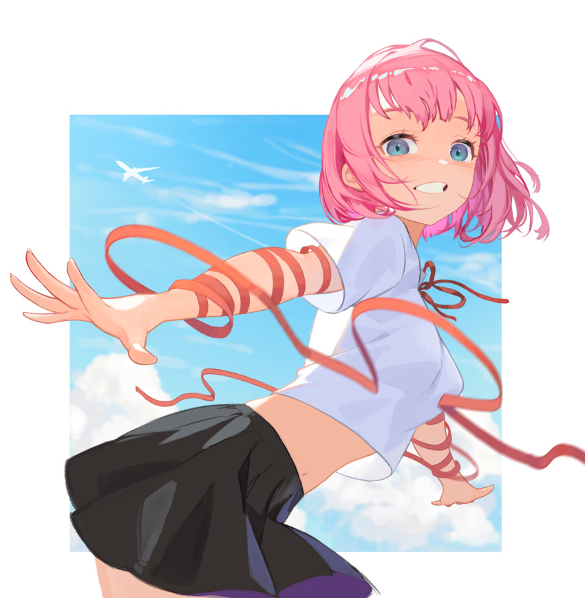 1girl absurdres aircraft airplane arm_ribbon black_skirt blue_eyes blue_sky breasts clouds cowboy_shot from_side grin highres looking_at_viewer looking_to_the_side midriff miniskirt navel neck_ribbon original outstretched_arms peter_pan_(adtc7243) pink_hair red_ribbon ribbon shirt short_hair short_sleeves skirt sky smile solo t-shirt teeth white_background white_shirt