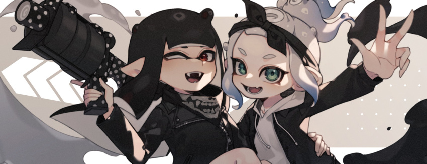 .52_gal_(splatoon) 2girls ;d arm_up bandana black_hair black_hairband black_jacket black_ribbon blush commission domino_mask drawstring fang fangs forehead green_eyes grey_background gun hair_ribbon hairband hand_up high_ponytail highres holding holding_gun holding_weapon hood hood_down hoodie inkling inkling_girl jacket long_hair long_sleeves looking_at_viewer multiple_girls octoling octoling_girl one_eye_closed open_clothes open_jacket open_mouth outstretched_arm paint pointy_ears ponytail prat_rat red_eyes ribbon round_teeth sidelocks skin_fang smile splatoon_(series) teeth tentacle_hair tongue upper_body weapon white_background white_hair white_hoodie zipper zipper_pull_tab