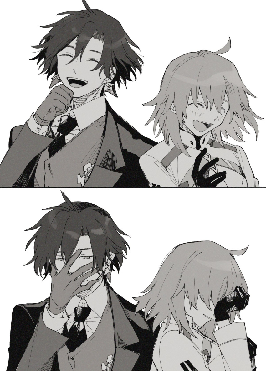 1boy 1girl :d ^_^ ahoge closed_eyes closed_mouth collared_shirt constantine_xi_(fate) covering_mouth dress earrings expressionless fate/grand_order fate_(series) fujimaru_ritsuka_(female) fujimaru_ritsuka_(female)_(decisive_battle_chaldea_uniform) gloves greyscale hair_between_eyes hand_on_own_face highres jewelry kitada laughing long_sleeves looking_down medium_hair monochrome multiple_views necktie open_mouth parted_lips profile safe shirt short_hair simple_background smile suit_jacket tearing_up teeth upper_body upper_teeth vest white_background