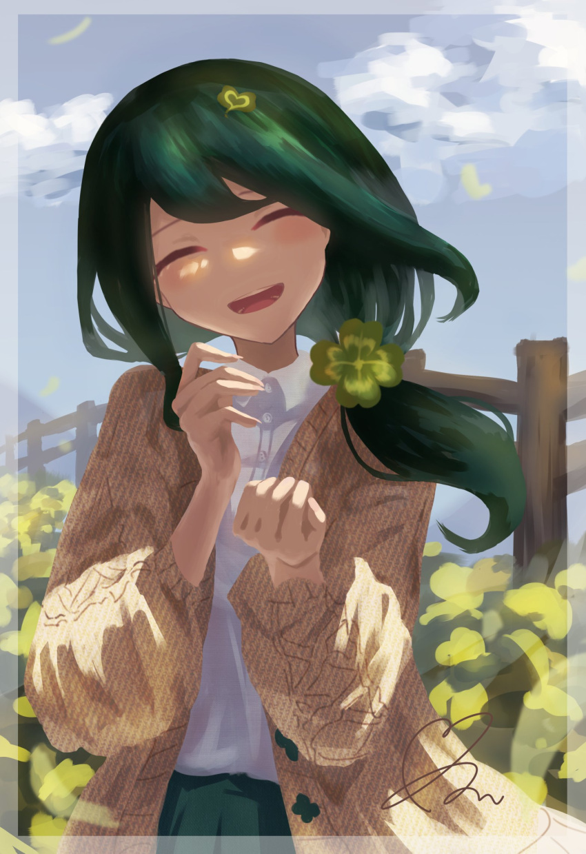 1girl :d blush brown_jacket closed_eyes clouds clover_hair_ornament day facing_viewer fence green_hair green_skirt hair_ornament hands_up highres indie_virtual_youtuber jacket long_hair long_sleeves micomi_uminoe open_mouth outdoors safe shirt skirt sky smile solo sumi_suya upper_body virtual_youtuber white_shirt wooden_fence