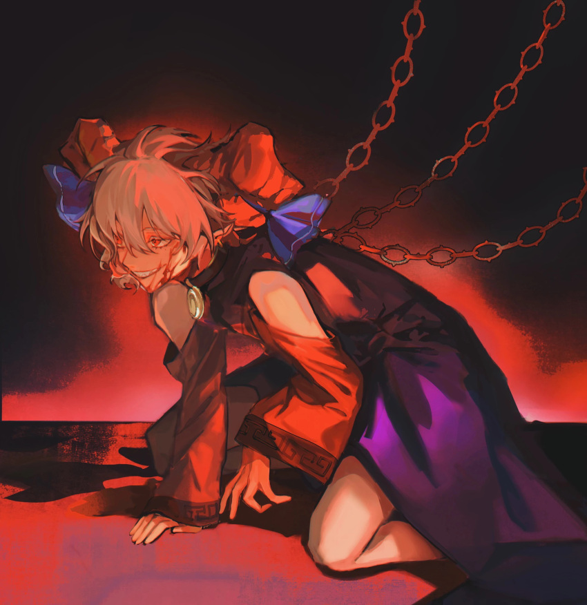 1girl ahoge arm_support bangs bare_shoulders black_background blood blood_on_face blue_ribbon chain chained colored_eyelashes commentary dark_background detached_sleeves dress from_side grey_hair grin hair_between_eyes highres horn_ornament horn_ribbon horns kneeling long_sleeves messy_hair on_floor pointy_ears purple_dress red_background red_eyes red_horns red_sleeves ribbon safe sharp_teeth short_hair sitting smile solo teeth tokinhr touhou toutetsu_yuuma wide_sleeves