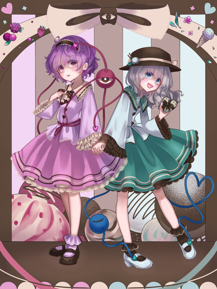 2girls :d alternate_color black_footwear black_hairband black_headwear black_socks blue_eyes blush buttons chocolate commentary diamond_button earrings flower food frilled_shirt_collar frilled_sleeves frills fruit full_body funky_wakou green_skirt grey_hair hair_ornament hairband hand_up hat hat_ornament heart heart_button heart_hair_ornament heart_of_string highres holding holding_chocolate holding_food holding_hands ice_cream ice_cream_cone jewelry komeiji_koishi komeiji_satori leaf long_sleeves mary_janes medium_hair multiple_girls open_mouth parted_lips petticoat pink_eyes pink_flower pink_shirt pink_skirt pink_socks purple_hair raspberry ribbon_trim safe shirt shoes short_hair siblings sisters skirt smile socks sparkle standing strawberry third_eye touhou white_footwear white_shirt wide_sleeves