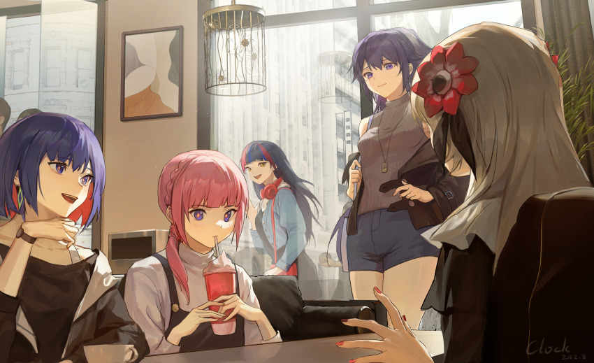 5girls :d absurdres apron bag bangs black_apron black_jacket black_skirt blue_hair blue_jacket blue_shorts braid building cafe casual closed_mouth colored_inner_hair commentary_request couch cup dated diamond-shaped_pupils diamond_(shape) drink drinking_straw flower grey_hair grey_sweater hair_flower hair_ornament harusaruhi headphones headphones_around_neck highres indoors isekai_joucho jacket jewelry kaf_(kamitsubaki_studio) kamitsubaki_studio koko_(kamitsubaki_studio) long_hair long_sleeves medium_hair milkshake multicolored_hair multiple_girls nail_polish necklace off_shoulder open_clothes open_jacket open_mouth people photo_(object) pink_hair plant potted_plant purple_eyes red_nails redhead rim_(kamitsubaki_studio) safe shirt shorts shoulder_bag signature skirt sleeveless sleeveless_sweater smile streaked_hair sweater symbol-shaped_pupils talking turtleneck violet_eyes virtual_youtuber watch white_shirt window yellow_eyes zhongmu
