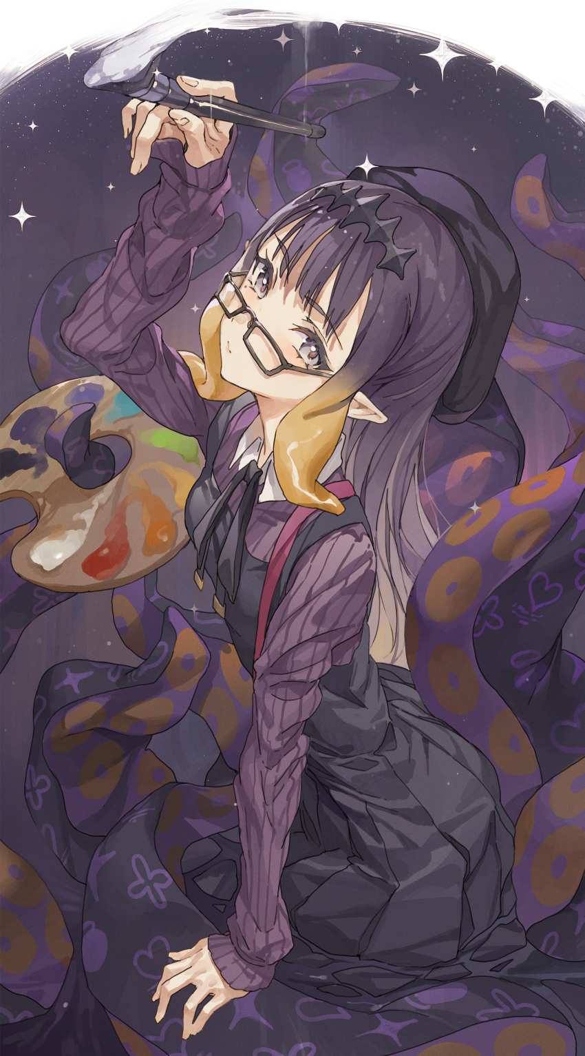 1girl absurdres bangs black_dress collared_shirt dress glasses gradient_hair grey_eyes hand_on_floor hand_up highres holding holding_paintbrush hololive hololive_english hxxg long_hair long_sleeves looking_at_viewer looking_over_eyewear multicolored_hair ninomae_ina'nis orange_hair paintbrush pleated_dress pointy_ears purple_background purple_hair purple_shirt safe shirt sidelocks sitting solo star_(symbol) suspenders tentacles