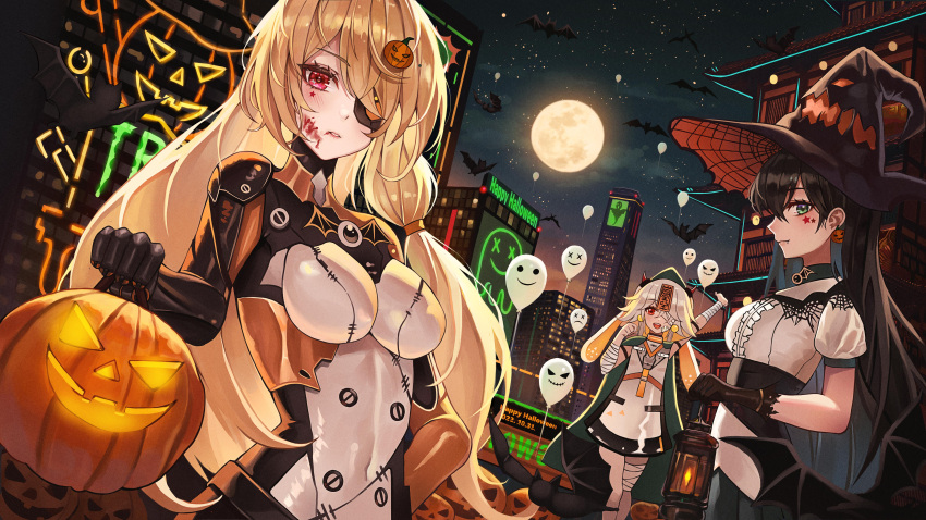 3girls :d absurdres aqua_eyes balloon bandage_over_one_eye bandaged_arm bandaged_leg bandages bat_(animal) black_gloves black_hair blonde_hair blood blood_on_face blush bodysuit breasts candy city covered_navel crescent_moon english_text eyepatch fang fang_out full_moon gloves grey_hair hair_ornament halloween halloween_costume hand_on_hip hat highres jack-o'-lantern lantern lin_(tower_of_fantasy) long_hair moon multiple_girls nemesis_(tower_of_fantasy) night parted_lips poise pumpkin red_eyes ruby_(tower_of_fantasy) safe sky smile star_(sky) starry_sky talisman tower_of_fantasy witch_hat