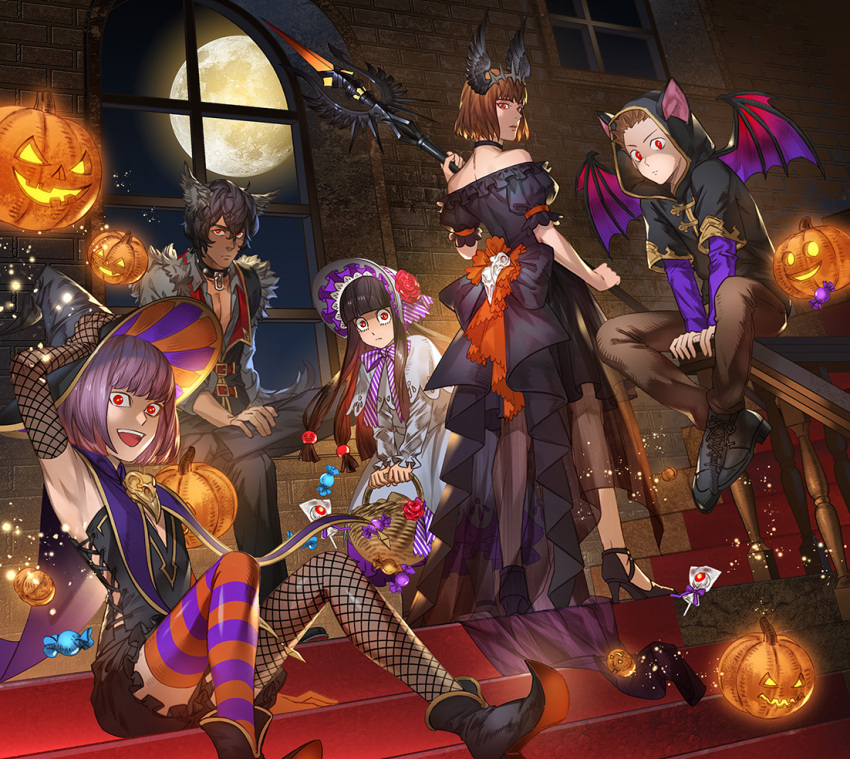 2boys 3girls akakokko_(niro_azarashi) alva_larson armpits bat birdmen black_hair fishnet_legwear fishnets full_moon halloween halloween_costume jack-o'-lantern long_hair looking_at_viewer luther_stark miguel_antonio_batista moon multiple_boys multiple_girls night pumpkin red_eyes robin_howard short_hair sitting smile standing sybil_swan thighhighs