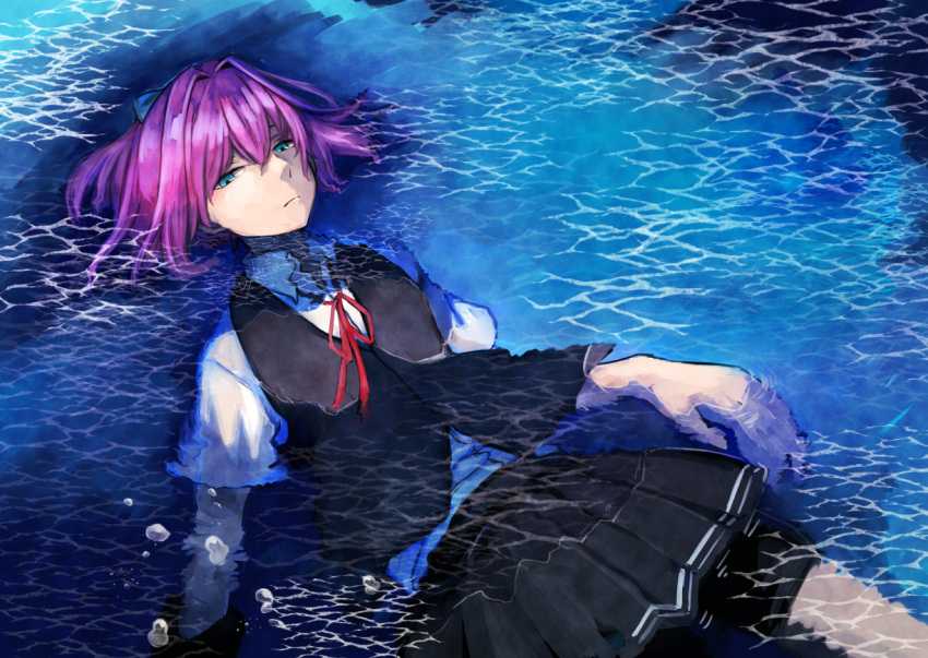 1girl afloat blue_eyes bubble caustics closed_mouth collar collared_shirt cropped_legs grey_vest hair_ornament kantai_collection looking_at_viewer neck_ribbon partially_submerged pink_hair pleated_skirt red_neckwear red_ribbon ribbon safe school_uniform serious shiranui_(kancolle) shiranui_(kantai_collection) shirt short_hair short_sleeves shorts skirt solo vest water you_(yht_ak)