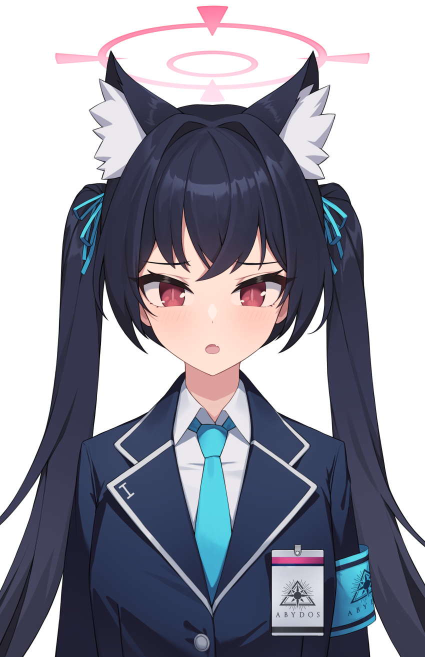 1girl :o absurdres animal_ear_fluff animal_ears armband black_hair blue_archive blue_jacket blue_necktie blue_neckwear collared_shirt extra_ears hair_ribbon halo highres jacket long_hair looking_at_viewer necktie red_eyes ribbon safe sbbs serika_(blue_archive) shirt simple_background solo twintails white_background white_shirt