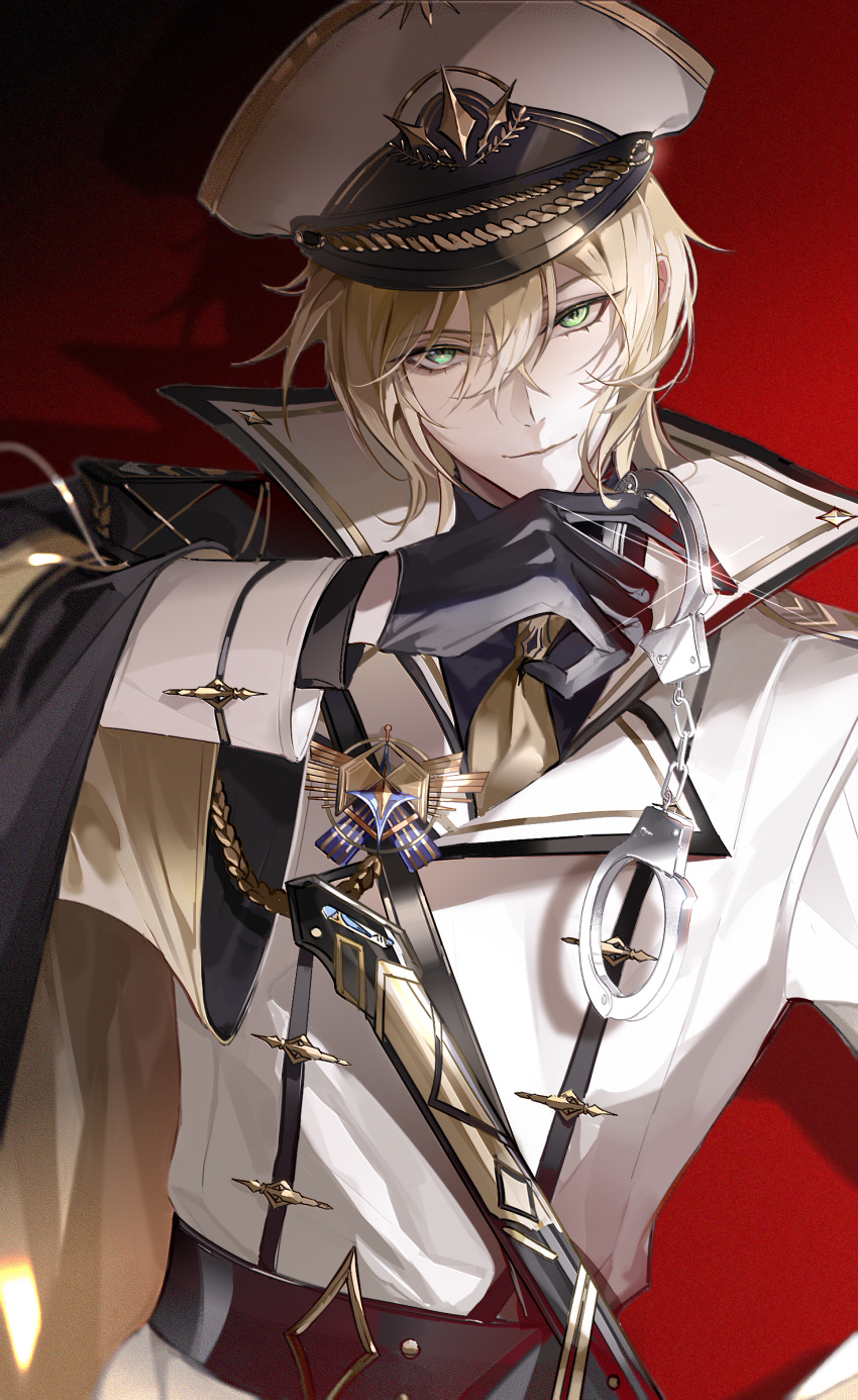 1boy absurdres aiguillette arm_up bangs bishounen black_gloves black_shirt blonde_hair brown_necktie cape chinese_commentary closed_mouth collared_jacket commentary_request cuffs eyelashes for_all_time glint gloves gold_trim green_eyes hair_between_eyes hand_up handcuffs hat head_tilt high_collar highres holding holding_handcuffs jacket light_brown_hair long_sleeves looking_at_viewer luchen male_focus medal medium_hair necktie peaked_cap red_background safe shadow sheath shirt sidelocks smile solo tknife upper_body white_headwear white_jacket