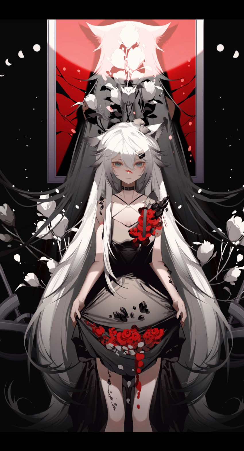 1girl alternate_costume animal_ears arknights belt_buckle black_choker black_dress blood blood_on_face blue_eyes bow buckle chinese_commentary choker closed_mouth collarbone commentary_request dress feet_out_of_frame flower gradient_hair grey_bow grey_hair hair_between_eyes hair_bow highres lappland_(arknights) light_smile long_hair looking_at_viewer moon_phases multicolored_hair muyekikikikikikikiya originium_(arknights) oripathy_lesion_(arknights) painting_(object) planted planted_sword red_flower red_rose rose safe scar scar_across_eye skirt_basket skirt_hold solo sword very_long_hair weapon white_flower white_hair wolf_ears