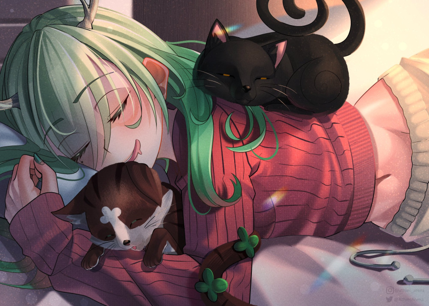 1girl animal antlers athies bangs black_cat branch cat ceres_fauna clover_(ceres_fauna) clover_(flower) drooling flower green_hair hair_ornament highres hololive hololive_english horns long_hair lying midriff_peek mole mole_under_eye mouth_drool multicolored_hair ribbed_sweater single_horn sleeping sleeping_on_person snail_(ceres_fauna) sweater virtual_youtuber