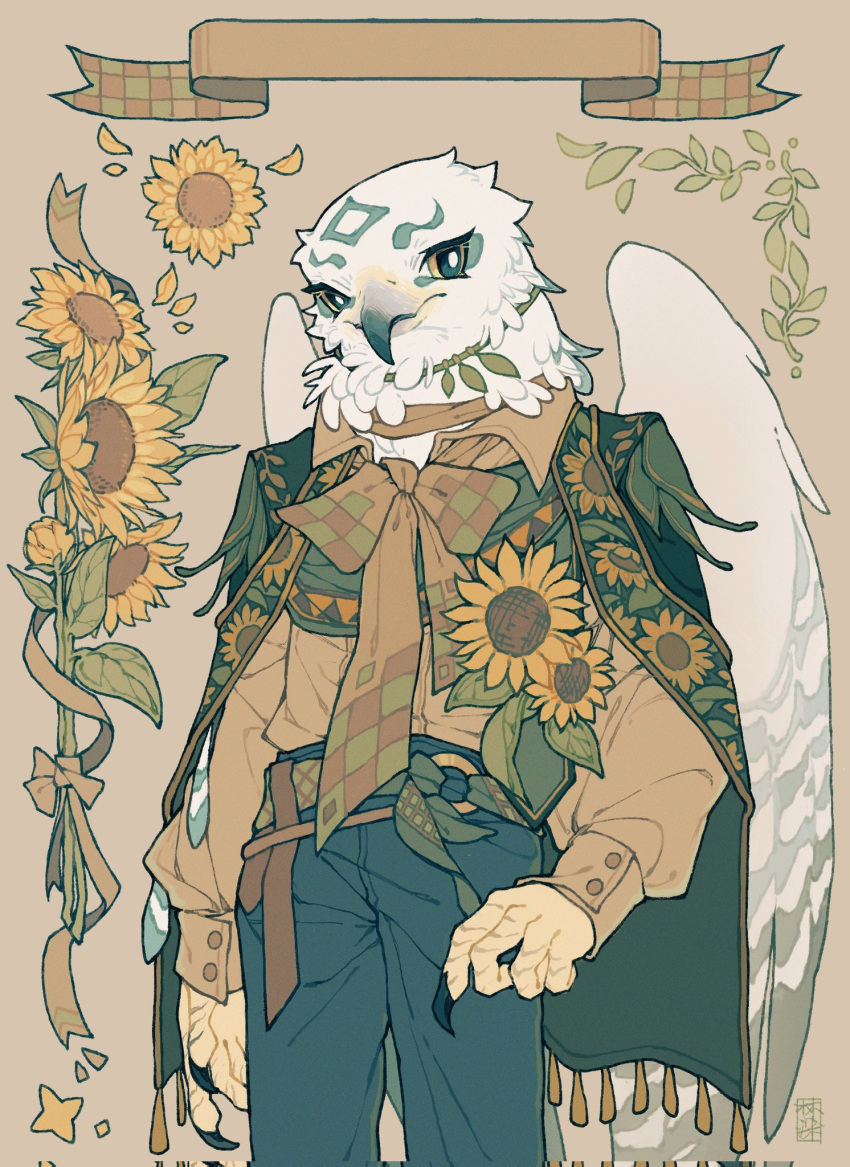 1boy arm_at_side artist_name beak belt bird_boy bird_wings black_eyes blue_pants bow bowtie brown_background brown_bow brown_bowtie brown_jacket cape colored_sclera commentary cowboy_shot feathered_wings feathers floral_background floral_print flower furry furry_male gradient gradient_background green_cape green_sash hand_on_hip highres jacket jewelry leaf long_sleeves male_focus o-ring o-ring_belt original owl_boy pants pendant sash shuini_xiaomao signature solo standing sunflower symbol-only_commentary talons white_feathers wings yellow_flower yellow_sclera