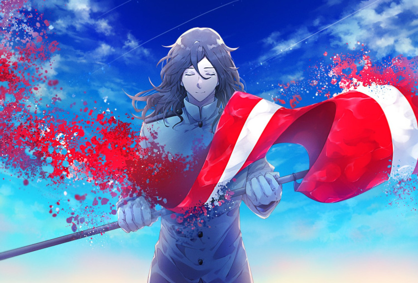 1boy black_hair blue_sky closed_eyes commentary disintegration facing_viewer fate/grand_order fate_(series) flag gloves hair_between_eyes hair_down holding holding_flag jacket long_hair male_focus masaki_(star8moon) sakamoto_ryouma_(fate) sky smile solo straight-on upper_body white_gloves white_jacket