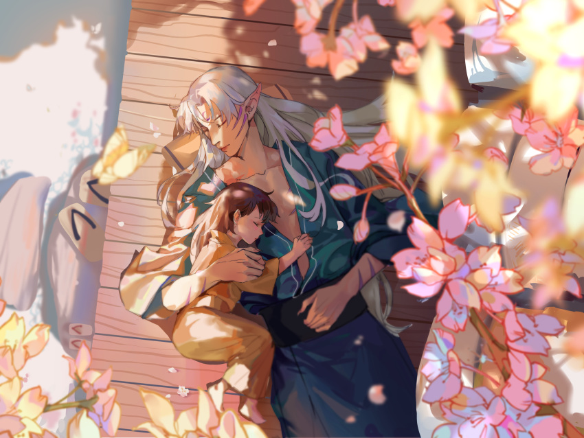 1boy 1girl absurdres black_hair blurry blurry_foreground cherry_blossoms closed_eyes closed_mouth collarbone depth_of_field facial_mark female_child flower highres inuyasha japanese_clothes long_hair mmmilk multiple_boys petals pointy_ears rin_(inuyasha) safe sesshoumaru sleeping veranda white_hair