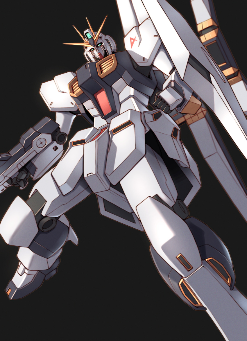 absurdres beam_rifle black_background char's_counterattack clenched_hand energy_gun fin_funnels foot_out_of_frame from_below green_eyes gundam highres insignia mecha mobile_suit no_humans nu_gundam robot safe science_fiction shield simple_background solo takahashi_masaki v-fin weapon