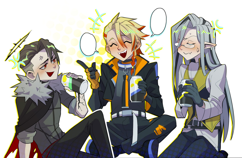 3boys anger_vein axel_syrios belt black_gloves black_hair black_jacket black_pants black_shirt blonde_hair bororodon can crossed_legs cup fur_trim glasses gloves grey_hair hair_behind_ear highres holding holostars holostars_english jacket long_hair male_focus multicolored_hair multiple_boys noir_vesper pants redhead rpr safe scarz shirt short_hair smile streaked_hair virtual_youtuber white_belt