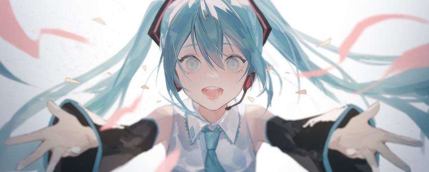 1girl :d absurdres aqua_hair aqua_necktie black_sleeves blue_eyes blurry blurry_foreground chinese_commentary collared_shirt commentary depth_of_field detached_sleeves floating_hair hair_between_eyes hair_ornament hatsune_miku headset highres long_hair looking_at_viewer mirandarin necktie open_hands open_mouth outstretched_arms safe shirt sleeveless sleeveless_shirt smile solo teeth twintails upper_body upper_teeth vocaloid white_shirt wide_sleeves