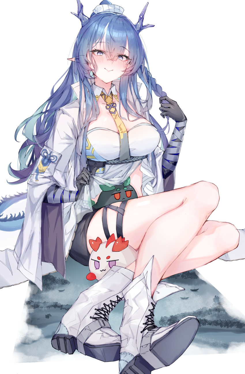 1girl absurdres arknights black_gloves blue_hair blush boots braid breasts character_doll coat dragon_tail dusk_(arknights) gloves highres horns jacket large_breasts ling_(arknights) long_hair necktie nian_(arknights) pointy_ears short_shorts shorts sitting smile solo tail thigh_strap thighs violet_eyes white_coat yuzusawa_oekaki