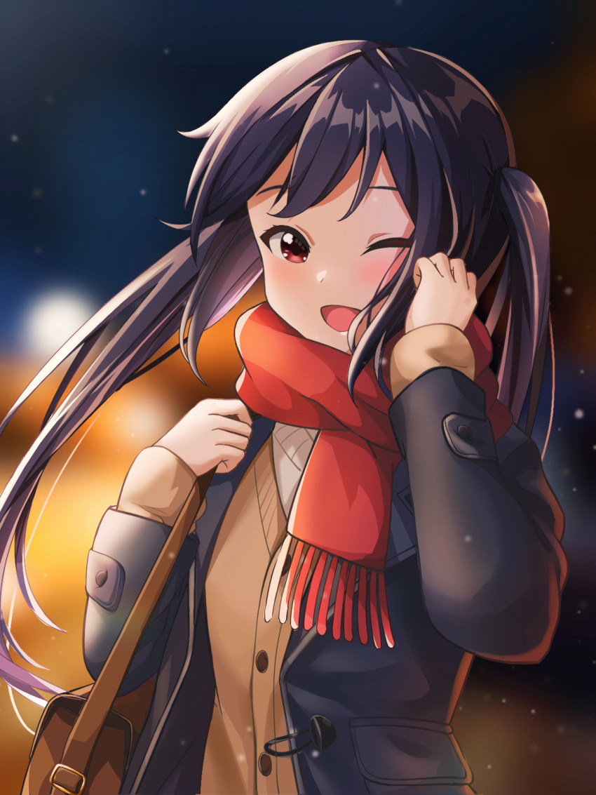1girl ;d bag bangs black_hair blue_jacket blurry blurry_background brown_cardigan brown_eyes cardigan commentary_request highres holding holding_bag jacket k-on! long_hair long_sleeves looking_at_viewer nakano_azusa one_eye_closed open_clothes open_jacket open_mouth oscar_(a7069721) red_scarf safe scarf sidelocks smile solo sweater twintails upper_body white_sweater