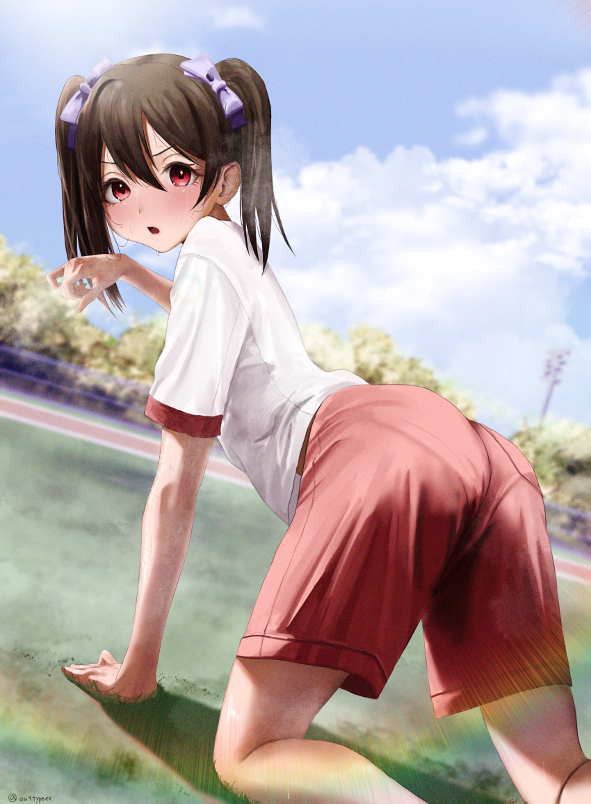 1girl absurdres all_fours ass bangs birthday blue_sky blush brown_hair cloneryu clouds cloudy_sky commentary_request day grass gym_uniform hair_between_eyes happy_birthday highres looking_at_viewer looking_back love_live! on_grass open_clothes outdoors pantylines red_eyes red_shorts safe shiny shiny_skin shirt shorts sky solo sweat t-shirt tree twintails wet wiping_face wiping_sweat yazawa_nico