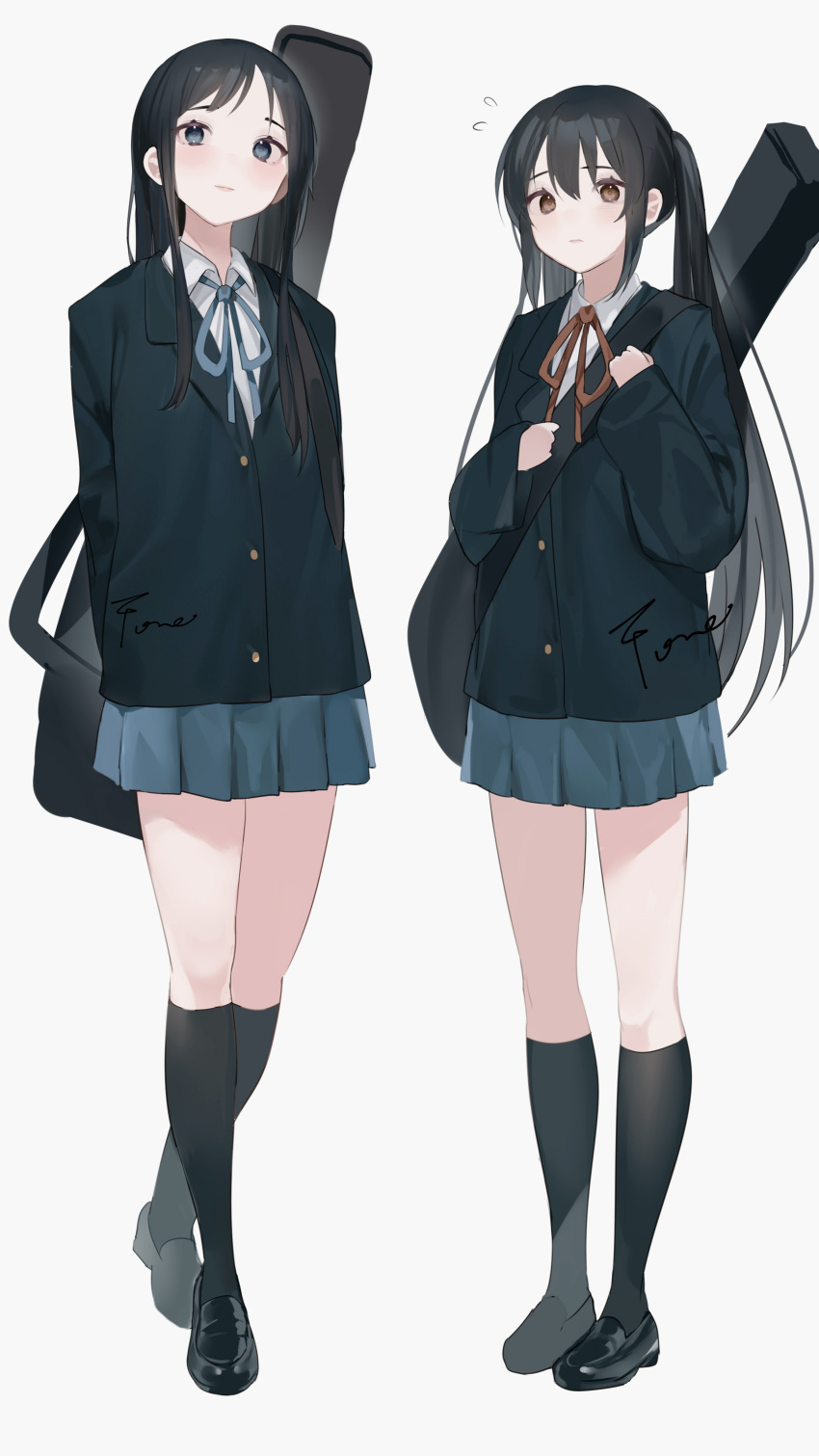 2girls absurdres akiyama_mio bangs black_eyes black_footwear black_hair black_legwear black_socks blazer blue_ribbon blue_skirt blush brown_eyes buttons closed_mouth collared_shirt commentary_request full_body gradient gradient_background hair_between_eyes highres instrument_case instrument_on_back jacket k-on! kneehighs loafers long_hair long_sleeves looking_at_viewer multiple_girls nakano_azusa neck_ribbon pleated_skirt red_ribbon ribbon sakuragaoka_high_school_uniform school_uniform shirt shoes sidelocks signature simple_background skirt smile socks standing twintails white_background white_shirt yougashi