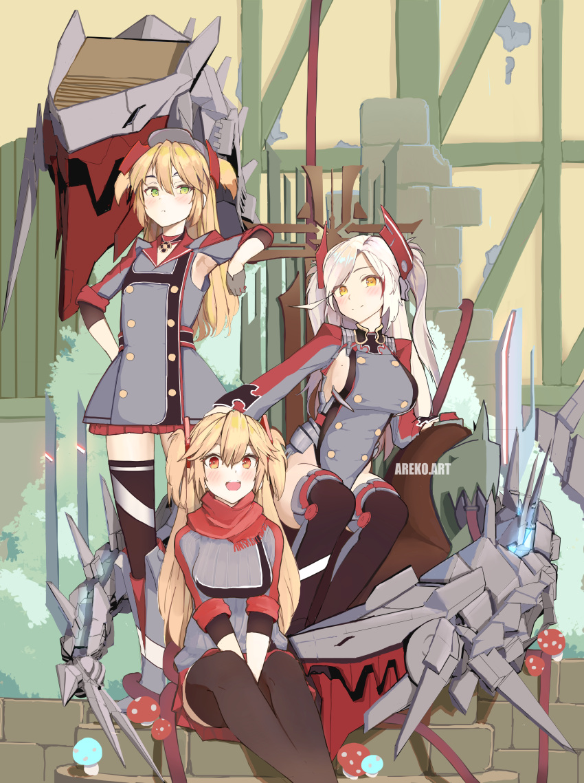 3girls absurdres admiral_hipper_(azur_lane) arescr armpit_cutout artist_name azur_lane bangs black_thighhighs blonde_hair bluecher_(azur_lane) blush breasts closed_mouth clothing_cutout cross dress english_commentary gloves green_eyes grey_hair hair_between_eyes headgear highres iron_cross large_breasts long_hair looking_at_viewer machinery medium_breasts mole mole_on_breast multicolored_hair multiple_girls mushroom open_mouth orange_eyes pleated_skirt prinz_eugen_(azur_lane) red_eyes red_hair side_cutout sideboob sitting skirt small_breasts smile standing streaked_hair thigh-highs thighhighs two_side_up white_hair