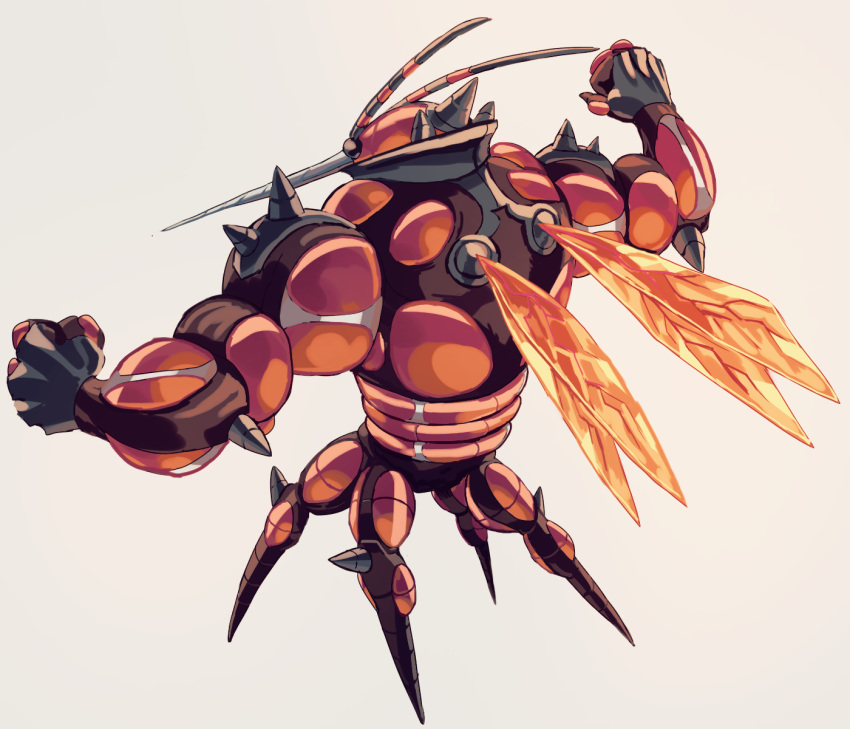 bug buzzwole claws commentary_request full_body fusenryo gradient gradient_background highres muscular no_humans pokemon pokemon_(creature) safe simple_background solo spikes white_background wings