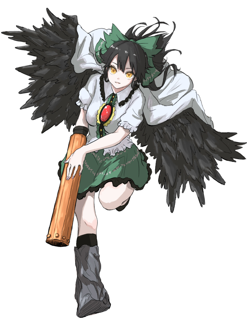 1girl alternate_eye_color arm_cannon bangs bird_wings black_hair black_wings bow breasts buttons cape center_frills collared_shirt commentary_request control_rod frilled_shirt frilled_shirt_collar frilled_skirt frilled_sleeves frills full_body green_bow green_skirt hair_between_eyes hair_bow highres kashiwada_kiiho long_hair looking_at_viewer medium_breasts open_mouth reiuji_utsuho running shirt short_sleeves simple_background skirt smile solo third_eye touhou weapon white_background white_cape white_shirt wings yellow_eyes