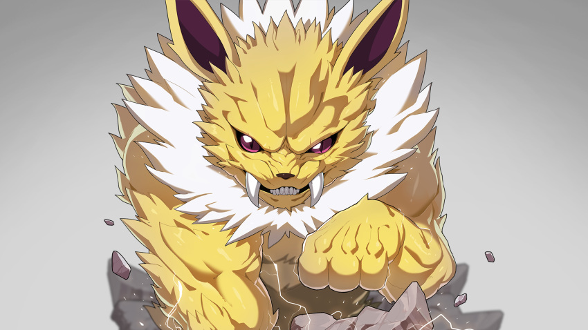 animal_focus commentary_request drunkoak electricity english_commentary fangs fur_collar furrowed_brow gradient gradient_background grey_background hand_up highres jolteon korean_commentary looking_at_viewer mixed-language_commentary muscular no_humans partial_commentary pokemon pokemon_(creature) realistic red_eyes sharp_teeth simple_background slit_pupils solo straight-on teeth