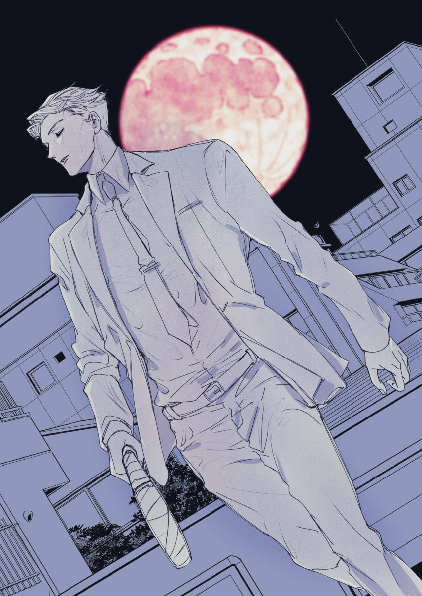 1boy belt building closed_eyes collared_shirt dutch_angle formal full_moon greyscale highres holding holding_weapon jujutsu_kaisen kimsatgat long_sleeves male_focus monochrome moon nanami_kento necktie night outdoors red_moon safe shirt short_hair solo spot_color standing suit tie_clip weapon