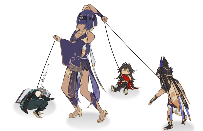 2boys 2girls ahoge alhaitham_(genshin_impact) animal_ears arm_armor arm_up arms_up artist_name back baggy_pants bangs bare_shoulders black_cloak black_footwear black_gloves black_hair black_pants black_shirt black_shorts blue_eyes blue_hair book boots breasts candace_(genshin_impact) cat_ears cloak crop_top crossed_arms crossed_bangs cyno_(genshin_impact) dark-skinned_female dark-skinned_male dark_skin dehya_(genshin_impact) detached_sleeves egyptian_clothes elbow_gloves english_commentary faceless fox_ears genshin_impact gloves gold green_pants green_shirt grey_hair hair_ornament hair_tubes hand_up hands_up highres jewelry kuma_pinkuma long_sleeves looking_at_another lying medium_breasts multicolored_clothes multicolored_hair multiple_boys multiple_girls necklace no_eyes no_mouth on_side open_book orange_hair pants purple_hair red_shirt sandals shirt short_hair short_hair_with_long_locks short_shorts shorts sidelocks simple_background sitting sleeping sleeveless sleeveless_shirt standing t-shirt thread two-tone_hair two-tone_shirt white_background wide_sleeves yellow_footwear