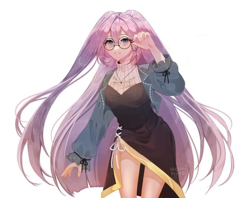 1girl azur_lane bangs black_dress blue_eyes commission commissioner_upload dress glasses hair_between_eyes highres intrepid_(azur_lane) long_hair looking_at_viewer solo twintails very_long_hair white_background