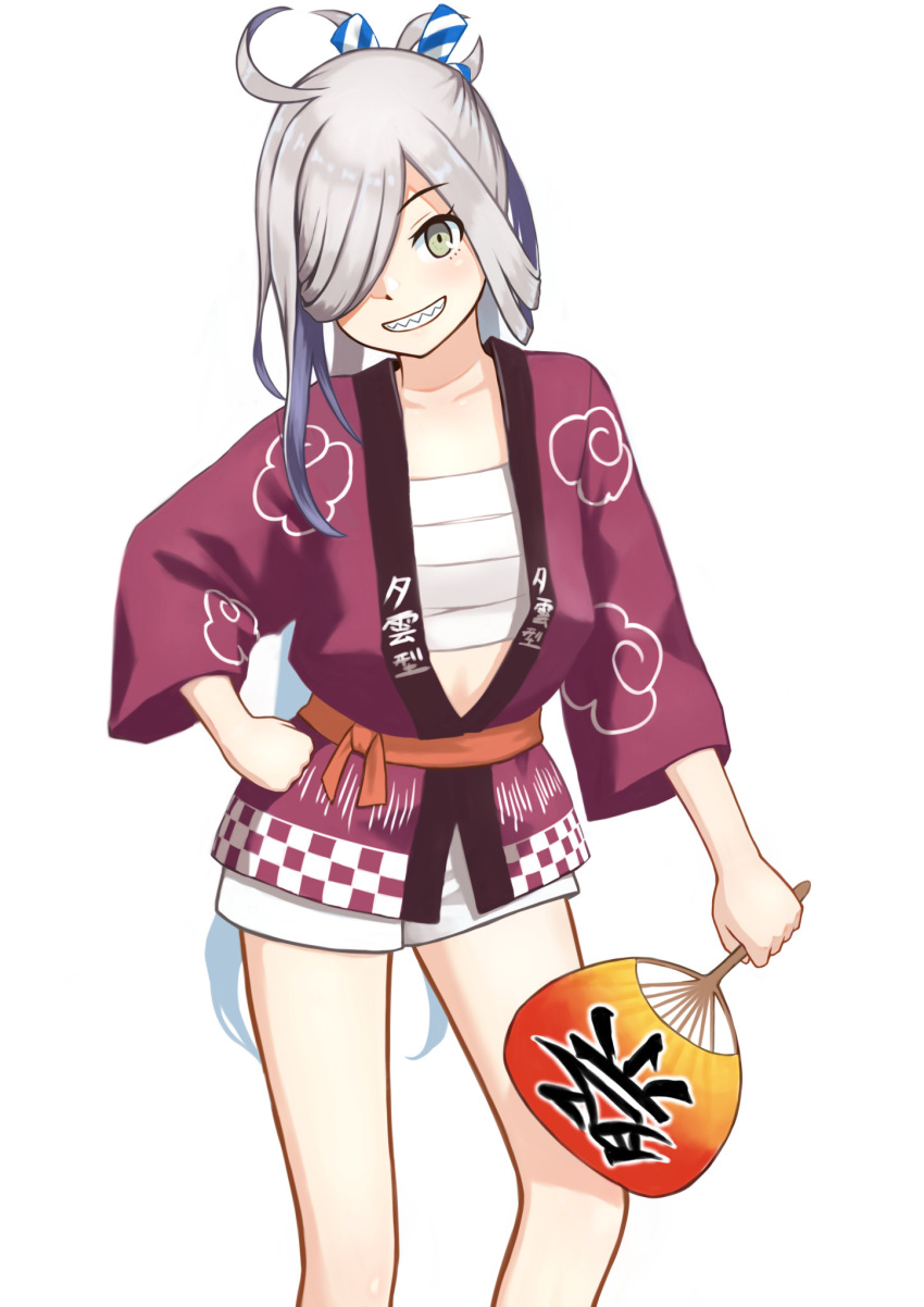 1girl ahoge asashimo_(kancolle) asashimo_(kantai_collection) fan feet_out_of_frame gradient_hair grey_eyes grey_hair grin hair_over_one_eye hand_fan hand_on_hip happi highres japanese_clothes kantai_collection long_hair looking_at_viewer multicolored_hair official_alternate_costume paper_fan ponytail porupurucha safe sarashi sharp_teeth shorts silver_hair simple_background smile solo teeth uchiwa white_background white_shorts